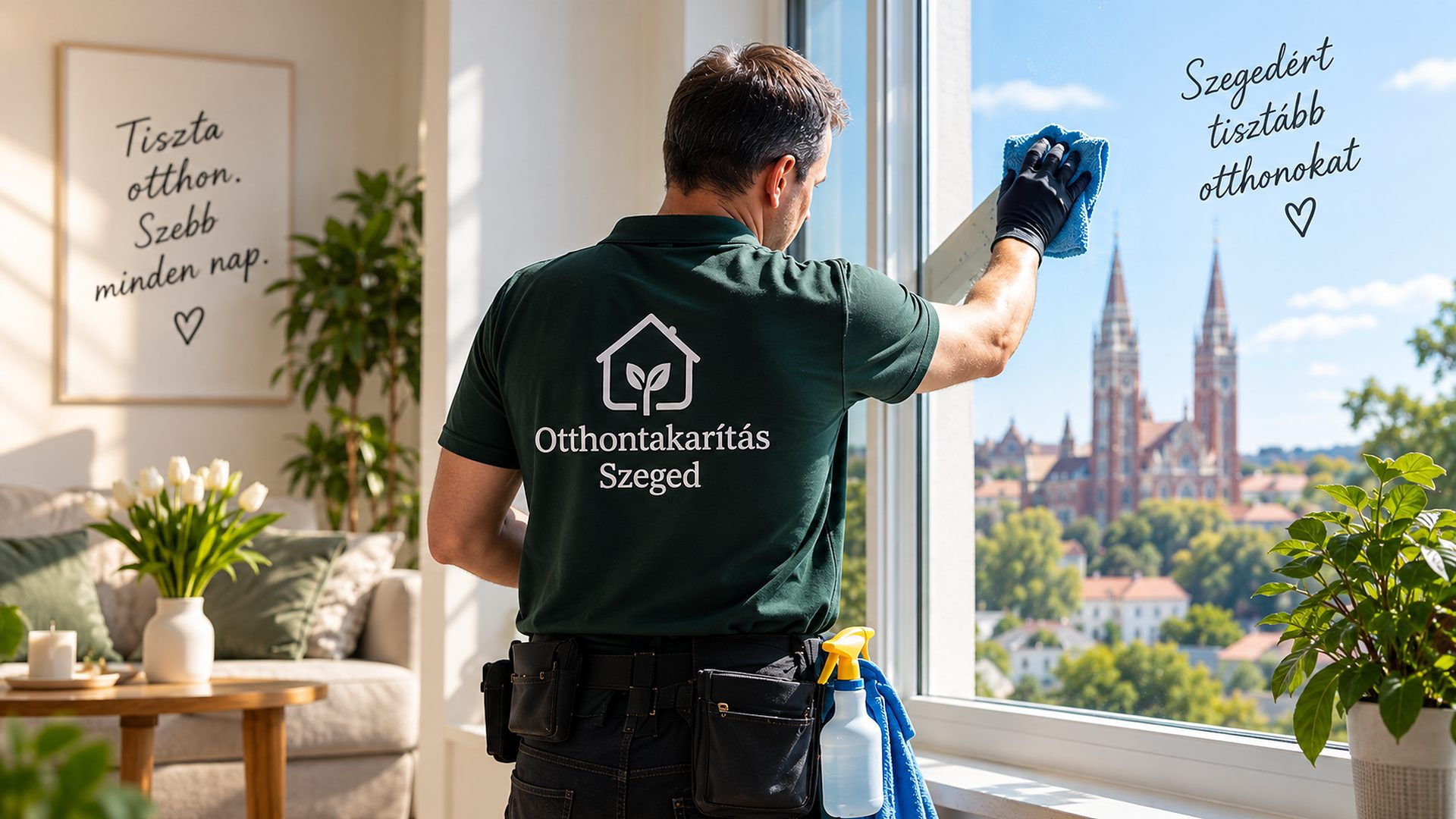 Férfi takarító ablaktisztítás közben egy világos szegedi otthonban